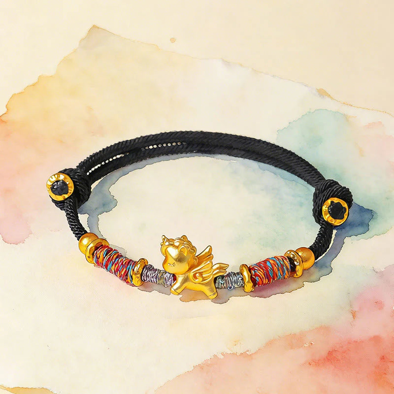Buddha Stones Year of the Horse 999 Sterling Silver Plated Gold Braided String Rope Protection Bracelet