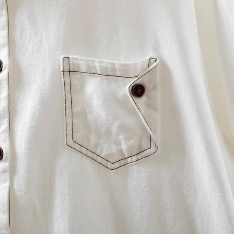 Buddha Stones Fall Buttons Down Pocket Decor Design Women's Stand Collar Long Sleeve Cotton Shirt