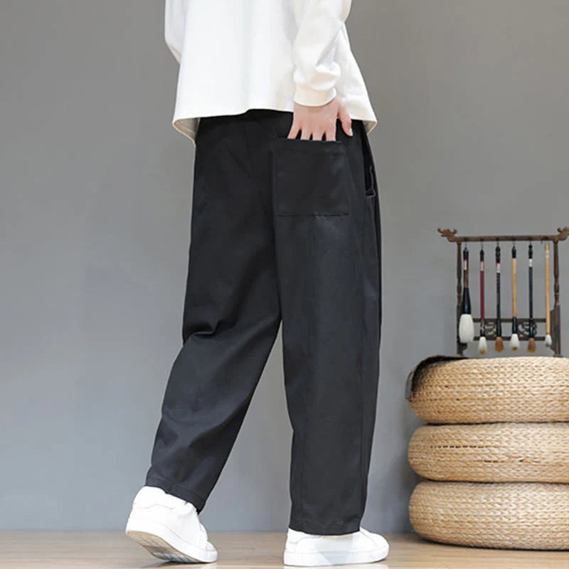Buddha Stones Fall Solid Color Straight Leg Design Men's Harem Pants With Pockets