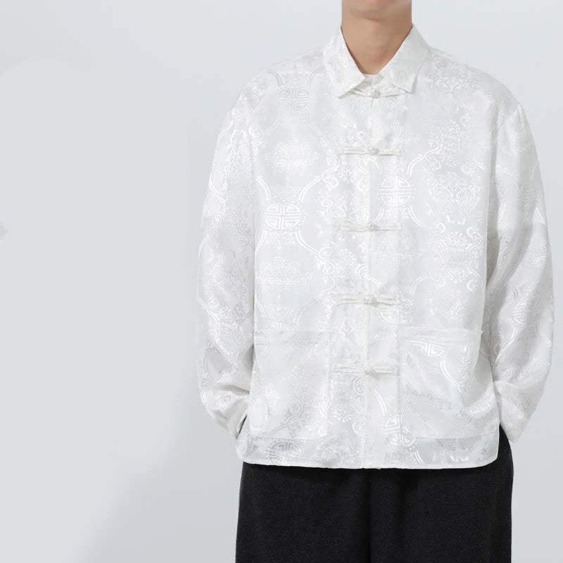 Buddha Stones Spring Jacquard Lapel Long Sleeve Men's Tang Suit Frog-Button Jacket With Pockets