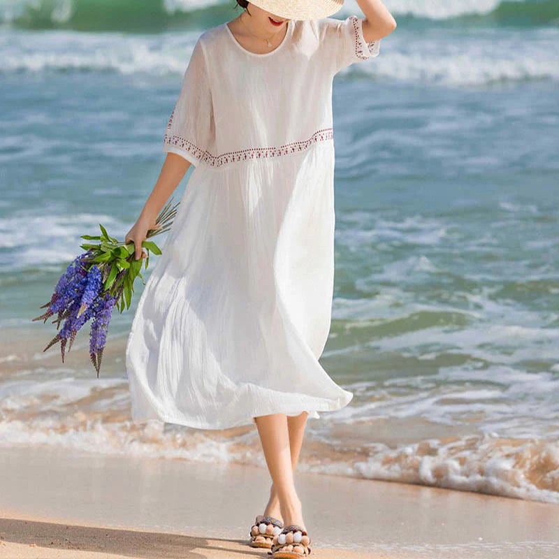 Buddha Stones Solid Color Embroidery Short Sleeve Cotton Midi Dress