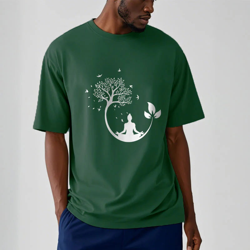 Buddha Stones Buddha Meditating In A Tree Pattern Cotton Tee T-shirt
