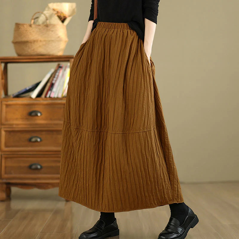 Buddha Stones Plain Pleats Design Elastic Waist Women's Thermal Skirt With Pockets