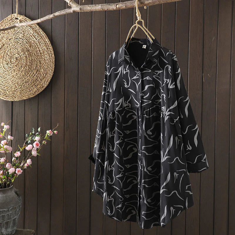 Buddha Stones Spring Fall Stand Collar Line Pattern Long Sleeve Women's Cotton Polyester Shirt