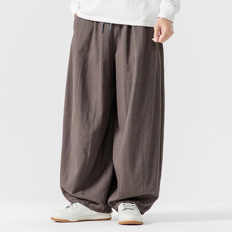 Buddha Stones Fall Solid Color Cotton Elastic Waist Men's Harem Pants With Pockets