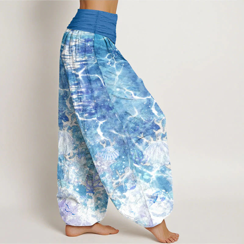 Buddha Stones Cotton Lively Ocean Seashells Coral Pattern Women's Elastic Waist Harem Pants