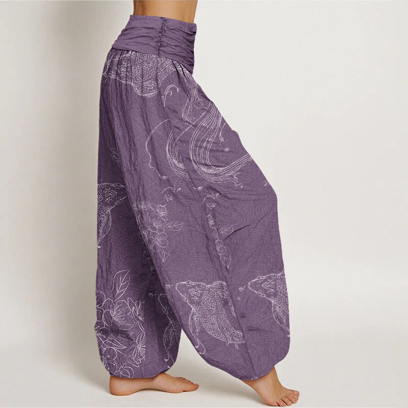 Buddha Stones Cotton Koi Fish Floral Pattern Women's Elastic Waist Harem Pants