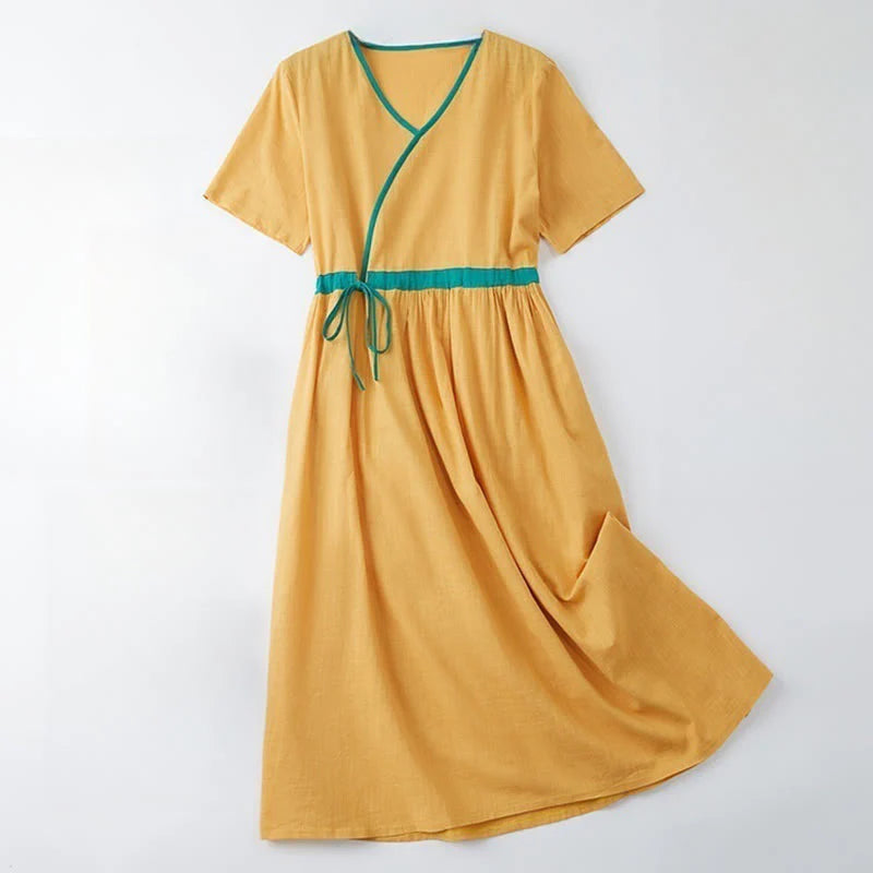 Buddha Stones Summer Casual Stitching Color Lace-up Design V-Neck Short Sleeve Midi Dress