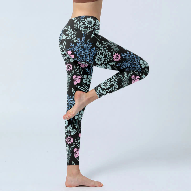 Buddha Stones Bold Color Contrast Flower Leaf Pattern Print Gym Leggings Women's Yoga Pants