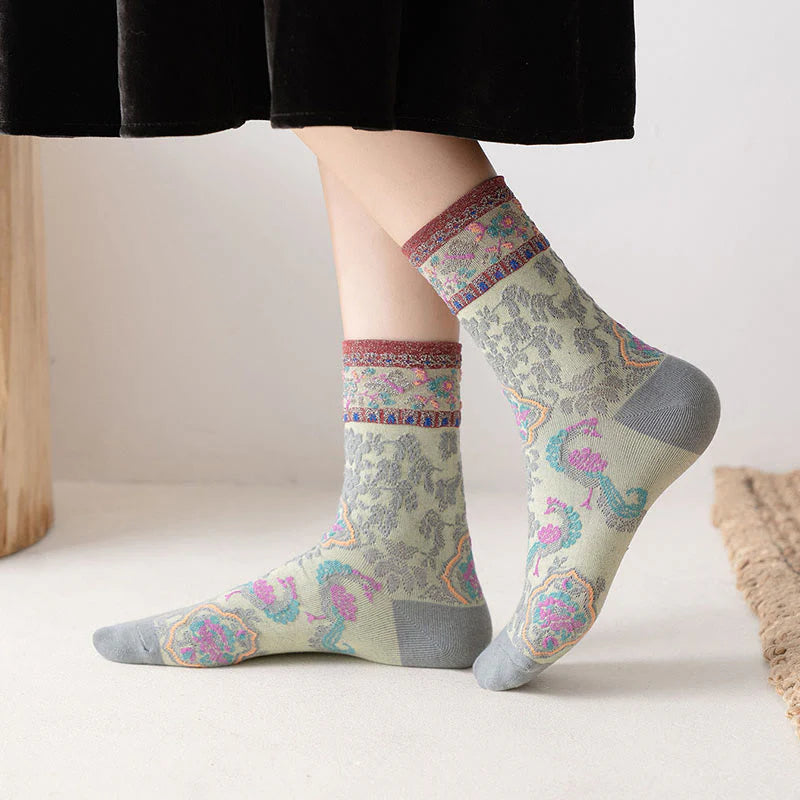 Buddha Stones Retro Embossed Floral Pattern Micro Crew Women Cotton Socks