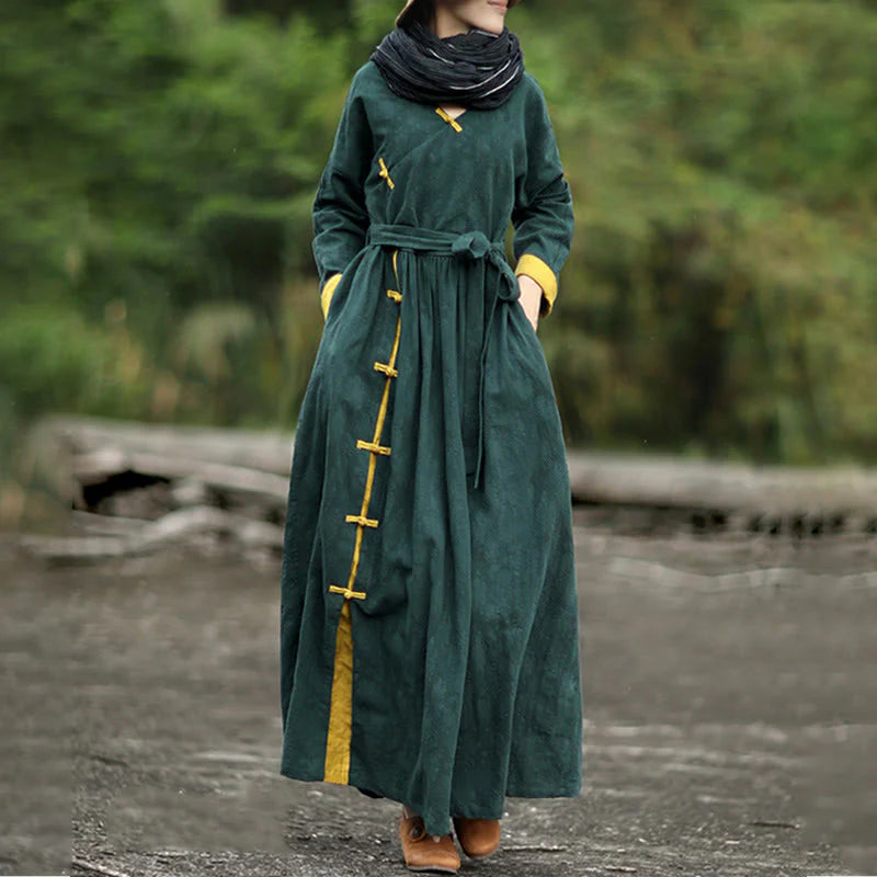 Buddha Stones Frog-Button Plain V-Neck Long Sleeve Cotton Midi Dress With Pockets