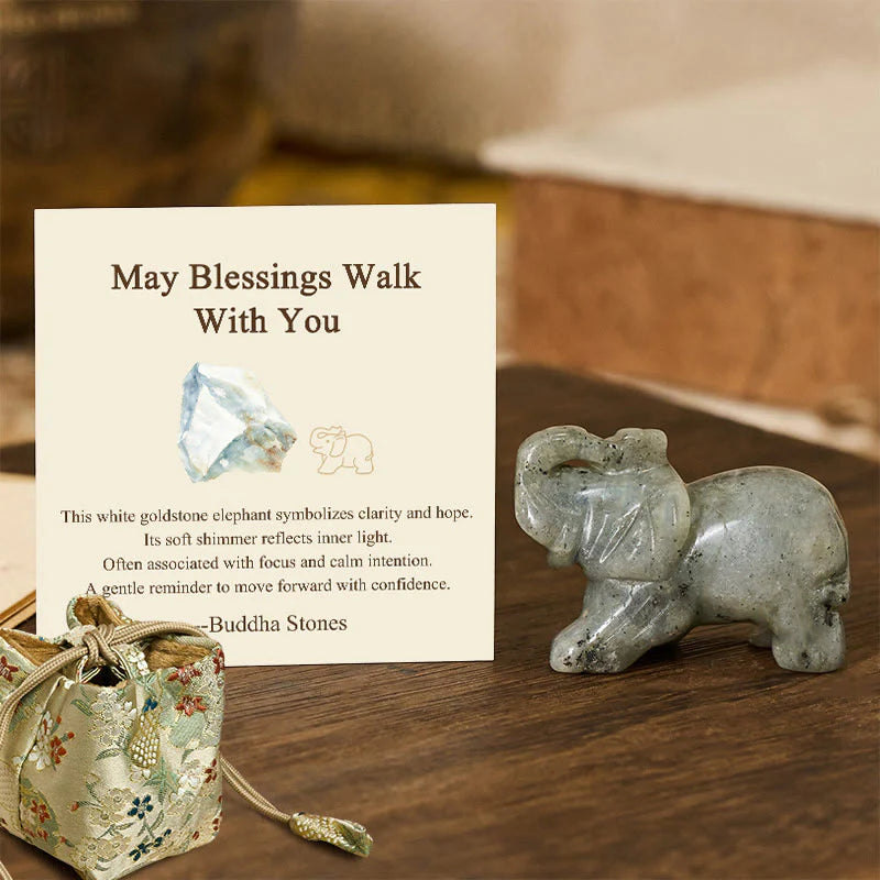 Buddha Stones ''May Blessings Walk With You'' Natural Small Elephant Amazonite Amethyst Jade Black Obsidian Stone Decoration Includes Gift Message Card