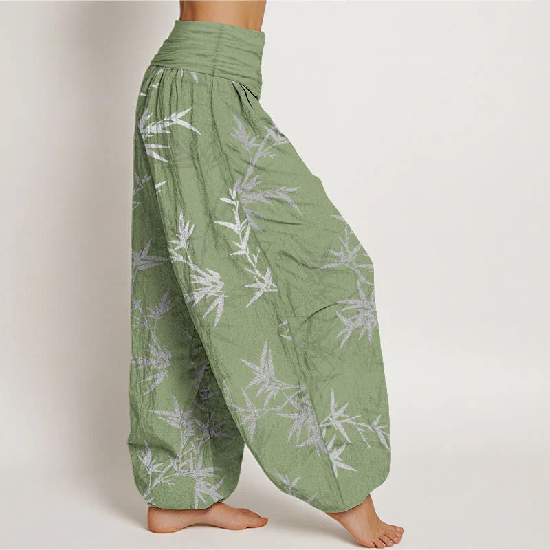 Buddha Stones Pure Cotton White Bamboo Leaves Women's Elastic Waist Harem Pants