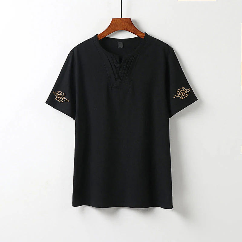 Buddha Stones Summer V-Neck Frog-Button Short Sleeve Clouds Embroidery Cotton Linen Men's Shirt