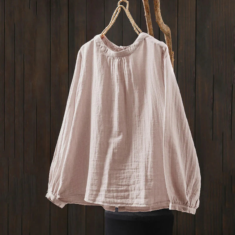 Buddha Stones Fall Crew Neck Back Button Down Design Long Sleeve Women's Cotton Shirt
