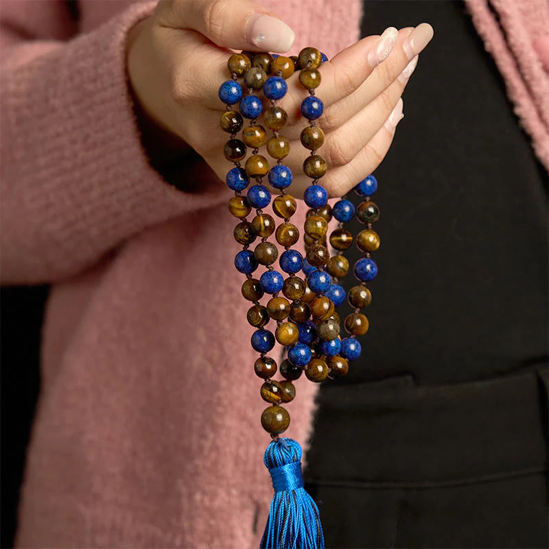 Buddha Stones 108 Beads Natural Stone Tiger Eye Lazurite Lapis Lazuli Mala Tassel Protection Bracelet