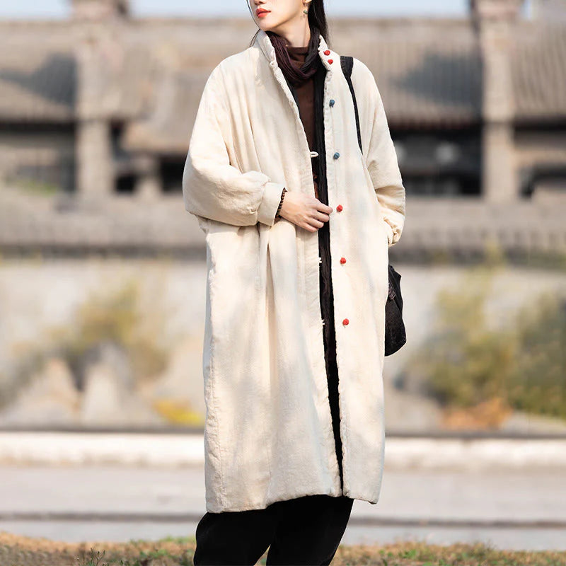 Buddha Stones Winter Solid Frog-Button Ramie Cotton Women's Long Sleeve Thermal Coat With Pockets