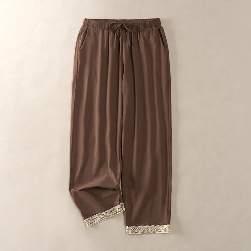 Buddha Stones Summer Lace-trimmed Hem Solid Color Women's Tapered Pants With Pockets