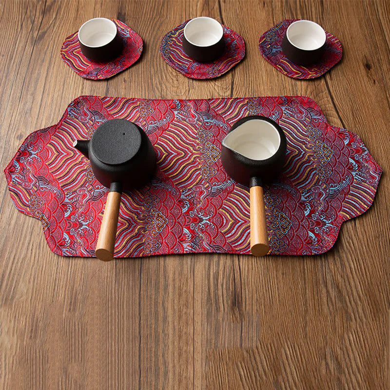 Buddha Stones Sea Wave Bamboo Plum Blossom Brocade Embroidery Cup Mat Pad Tea Cup Coaster Kung Fu Tea Mat