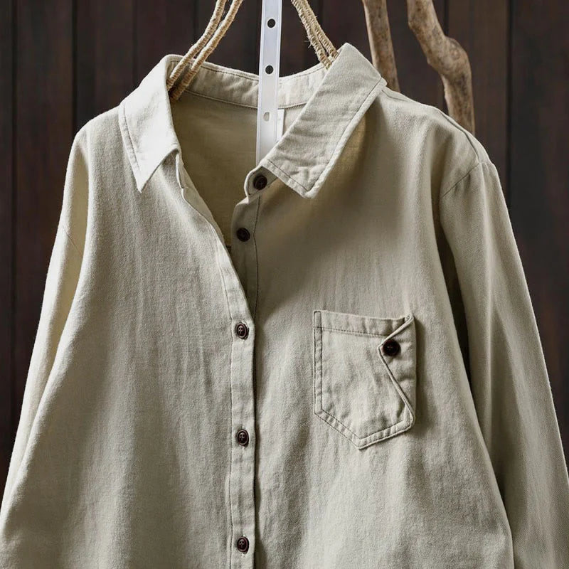 Buddha Stones Fall Buttons Down Pocket Decor Design Women's Stand Collar Long Sleeve Cotton Shirt