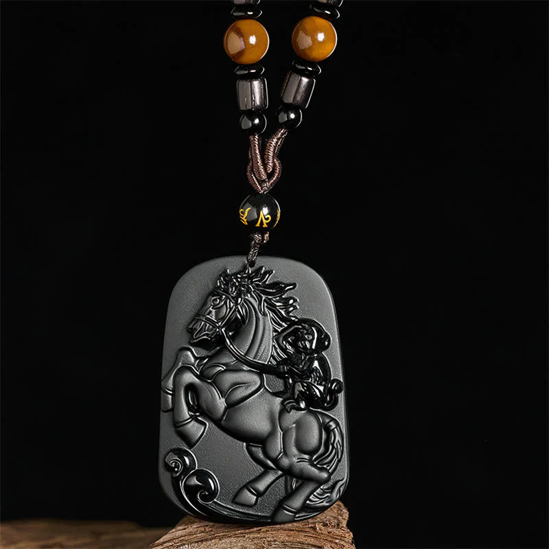 Buddha Stones Year of the Horse Monkey Design Black Obsidian Purification Necklace Pendant