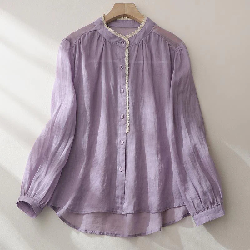 Buddha Stones Pure Color Lace Design Long Lantern Sleeve Women's Cotton Linen Shirt