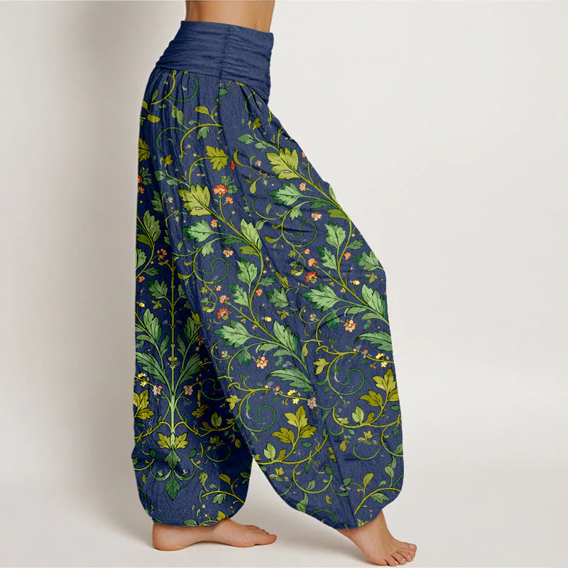 Buddha Stones Pure Cotton Classical Symmetrical Plant Leaf Pattern Women's Elastic Waist Harem Pants
