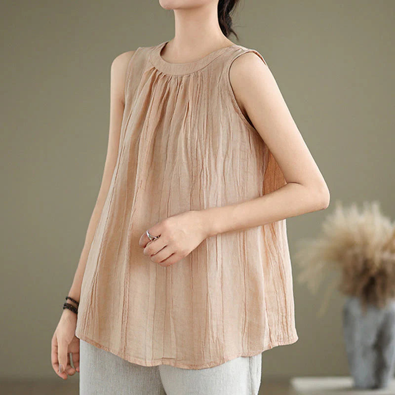 Buddha Stones Summer Wrinkles Simple Design Crew Neck Cotton Linen Women's Sleeveless Vest Waistcoat