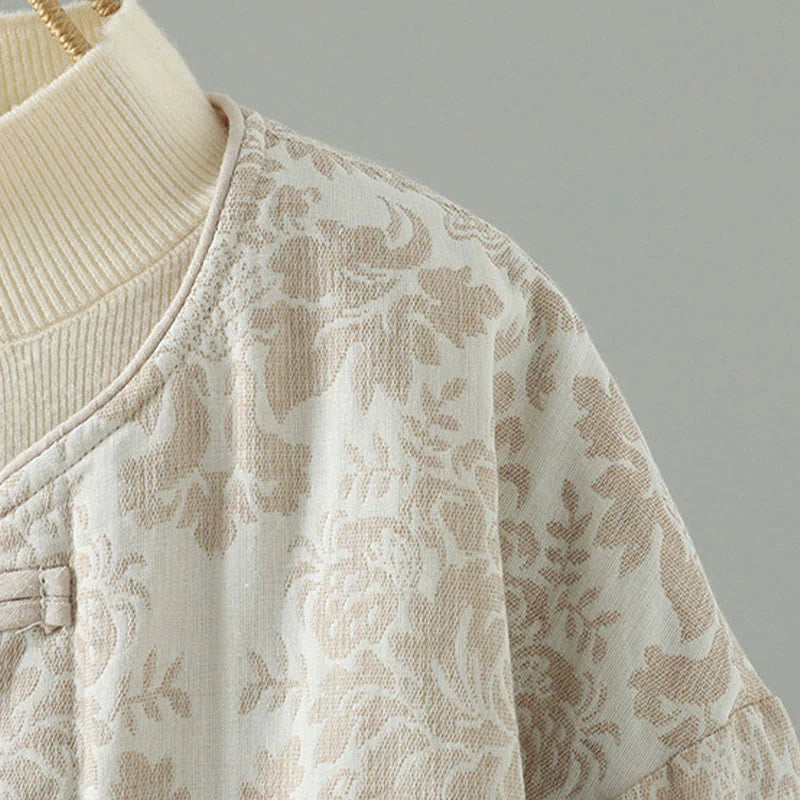 Buddha Stones Women's Peony Flowers Frog-Button Design Long Sleeve Thermal Jacket With Pockets
