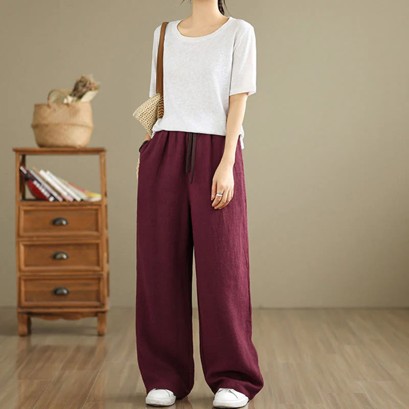 Buddha Stones Commute Retro Solid Color Women's Harem Drawstring Cotton Pants With Pockets