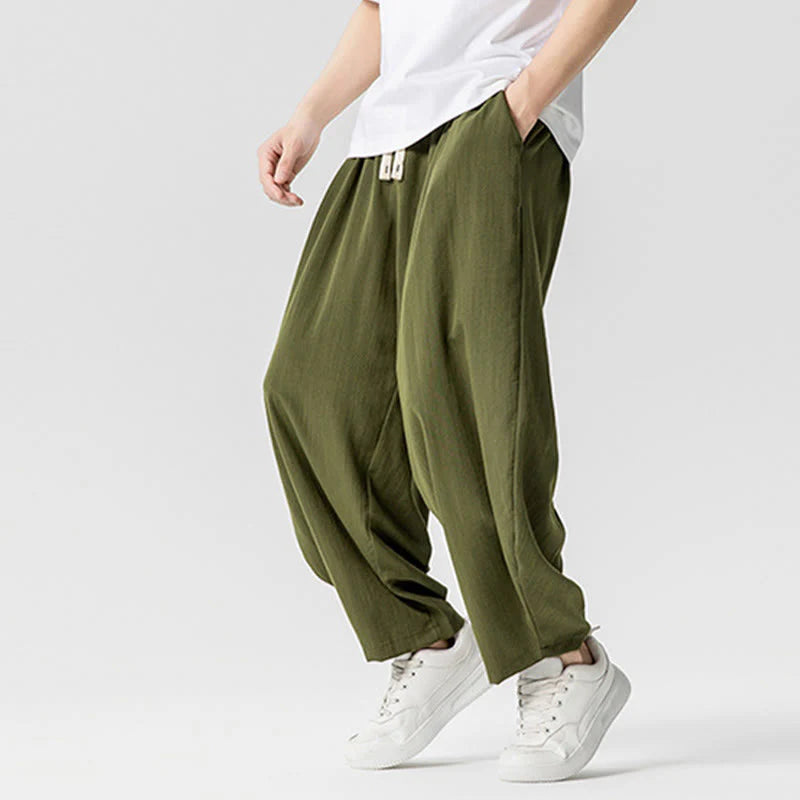 Buddha Stones Summer Pure Color Drawstring Men's Cotton Ankle-Length Pants With Pockets