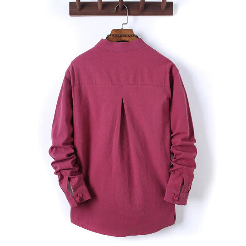 Buddha Stones 2Pcs Solid Color Men's Frog-Button Long Sleeve Cotton Shirt Pants Set With Pockets