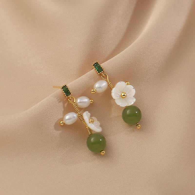 Buddha Stones Hetian Jade Pearl Bead Flower Prosperity Abundance Earrings