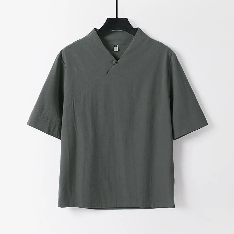 Buddha Stones Summer Simple V-Neck Short Sleeve Cotton Linen Men's Shirt