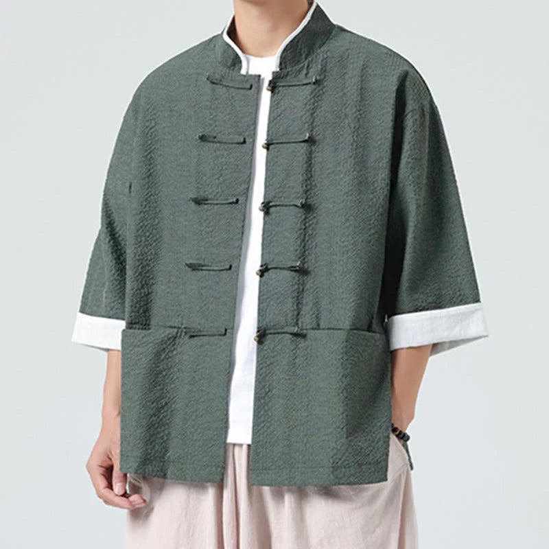 Buddha Stones Spring Solid Color Three Quarter Sleeve Tang Suit Men's Buttons Shirt With Pockets