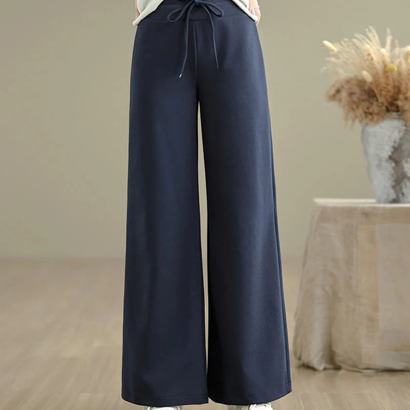 Buddha Stones Plain Drawstring Cotton Polyester Women's Wide Leg Pants With Pockets
