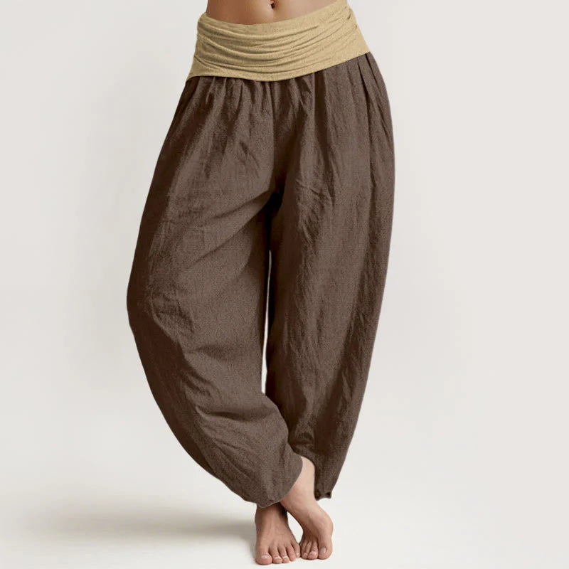 Buddha Stones Cotton Brown Blue Black Solid Color Women's Elastic Waist Harem Pants
