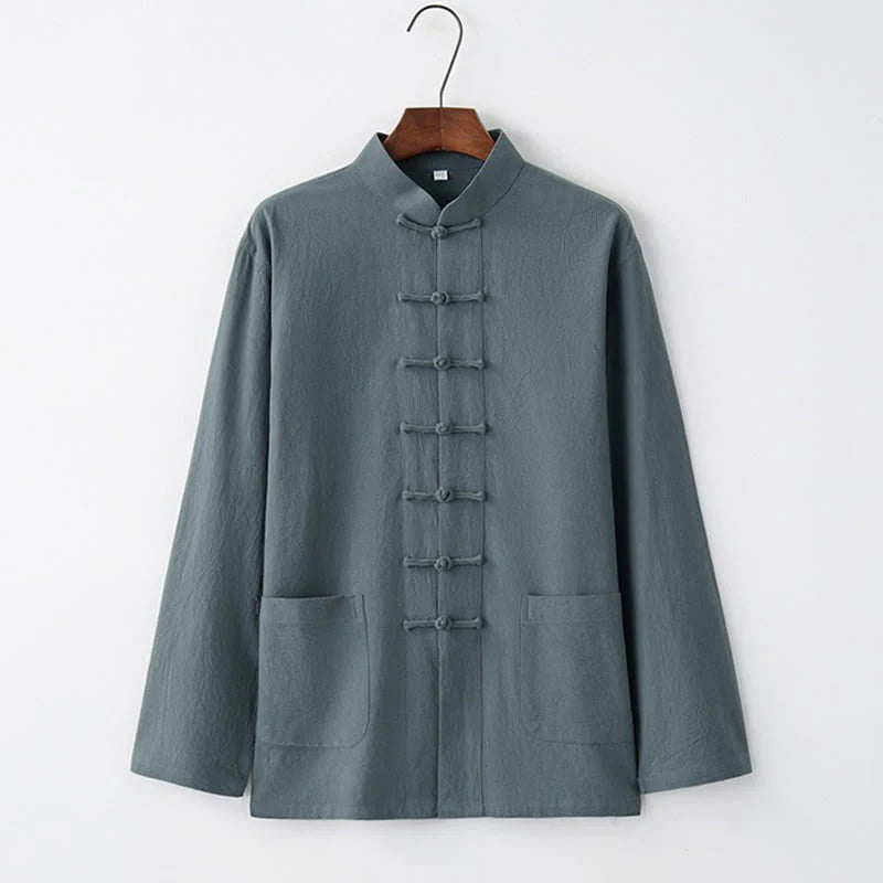 Buddha Stones Tang Frog-Button Long Sleeve Shirt Cotton Men's Clothing