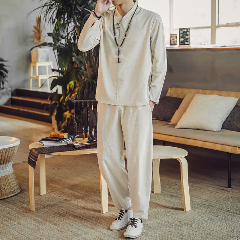 Buddha Stones 2Pcs Shirt Ankle-Length Pants With Pockets Men's Meditation Cloth Set