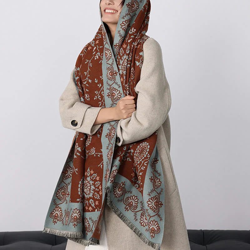 Buddha Stones Thickened Winter Paisley Flowers Vines Pattern Soft Scarf Shawl