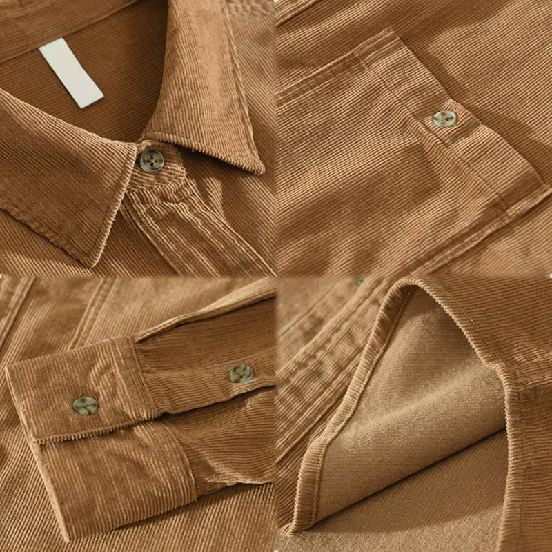 Buddha Stones Fall Decorative Pocket Buttons Down Stand Collar Long Sleeve Men's Cotton Corduroy Shirt