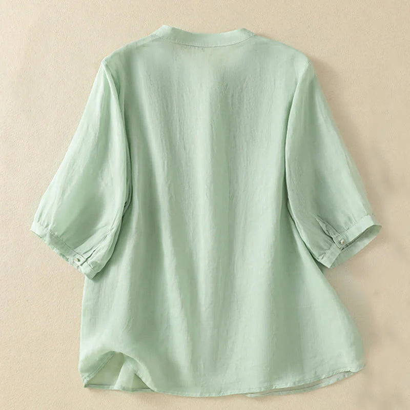 Buddha Stones Rose Floral Embroidery Button Half Sleeve Women's Cotton Shirt