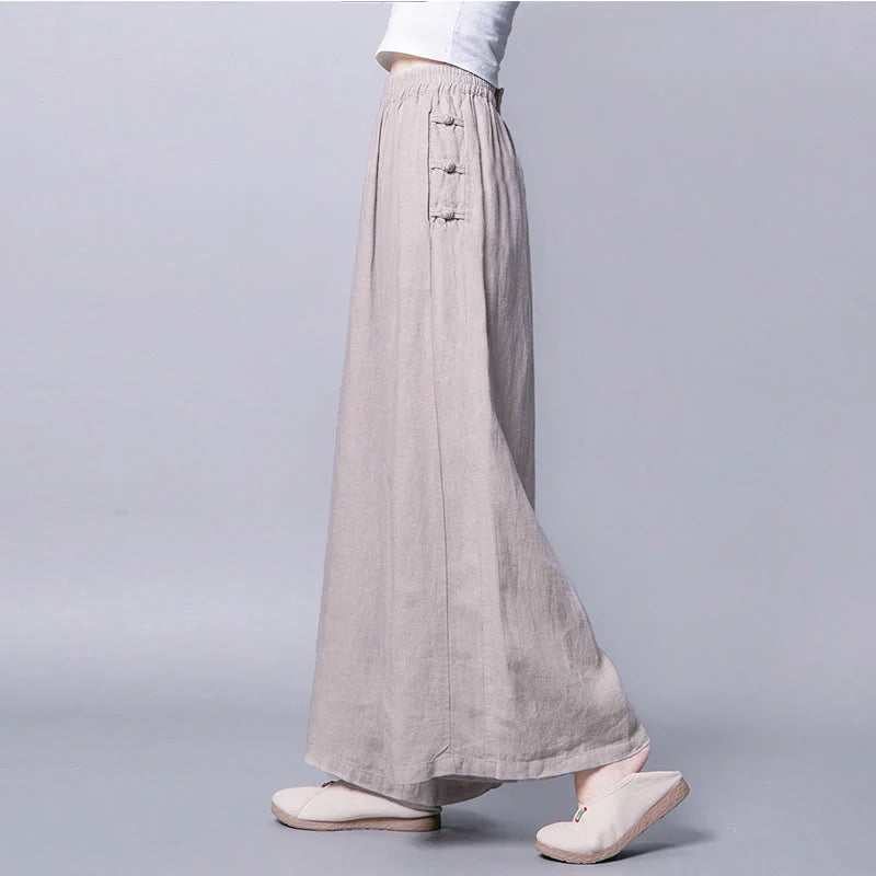 Buddha Stones Casual Frog-Button High Waist Wide Leg Pants With Pockets