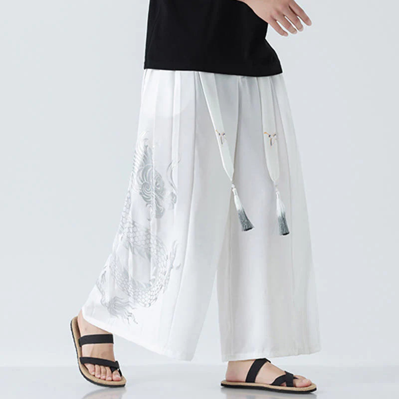 Buddha Stones Summer Dragon Drawstring Design Cotton Ankle-Length Men's Wide Leg Pants With Pockets