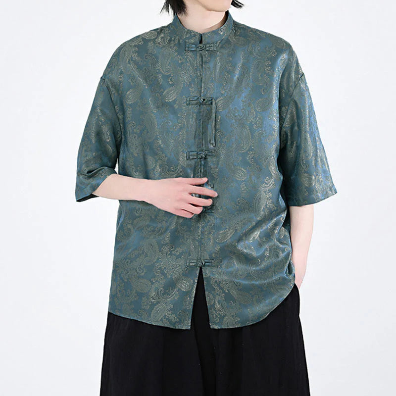 Buddha Stones Summer Frog-Button Half Sleeve Vine Leaf Flower Pattern Men's Shirt