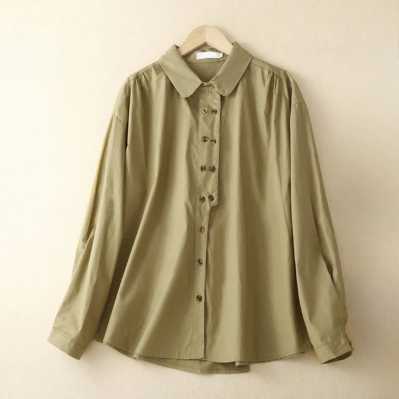Buddha Stones Plain Double-breasted Long Sleeve Women's Cotton Lapel Shirt