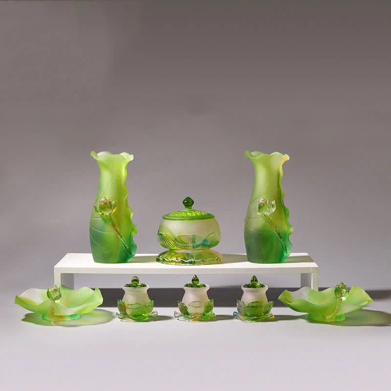 Buddha Stones Feng Shui Lotus Handmade Liuli Crystal Art Piece Home Office Offering Decoration