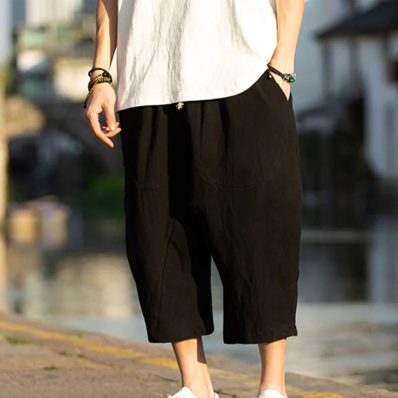 Buddha Stones Summer Plain Pleat Design Drawstring Men's 7-8 Length Cotton Linen Pants With Pockets