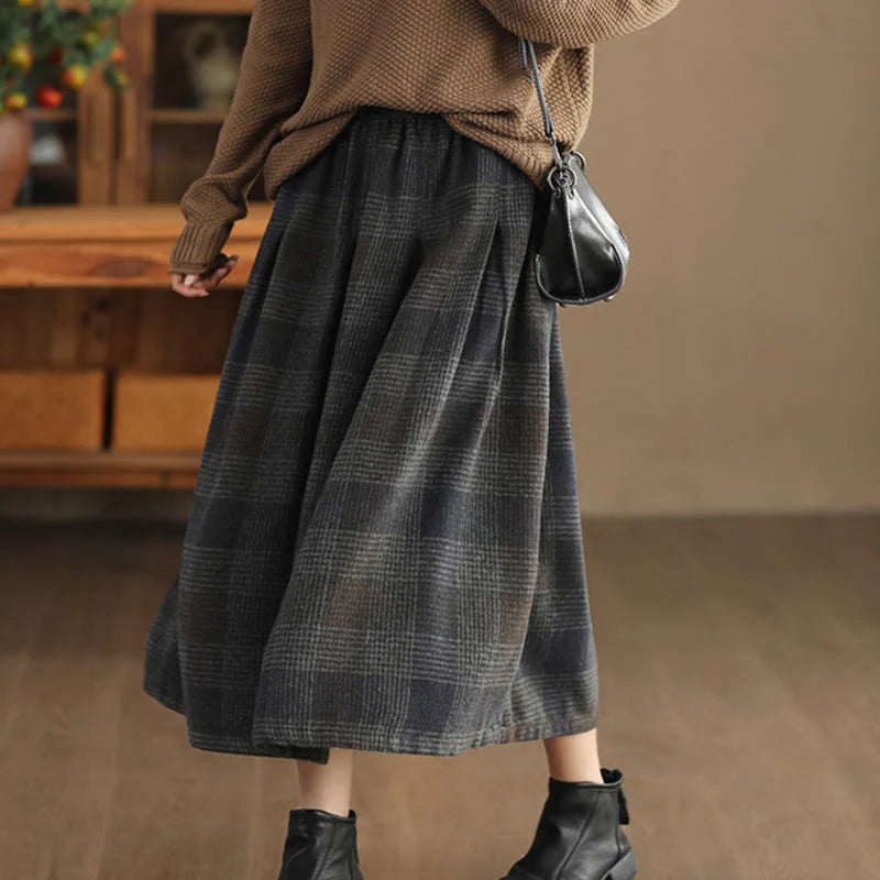 Buddha Stones Women's Winter Plaid Pattern Cotton Thermal 7-8 Length Skirt With Pockets