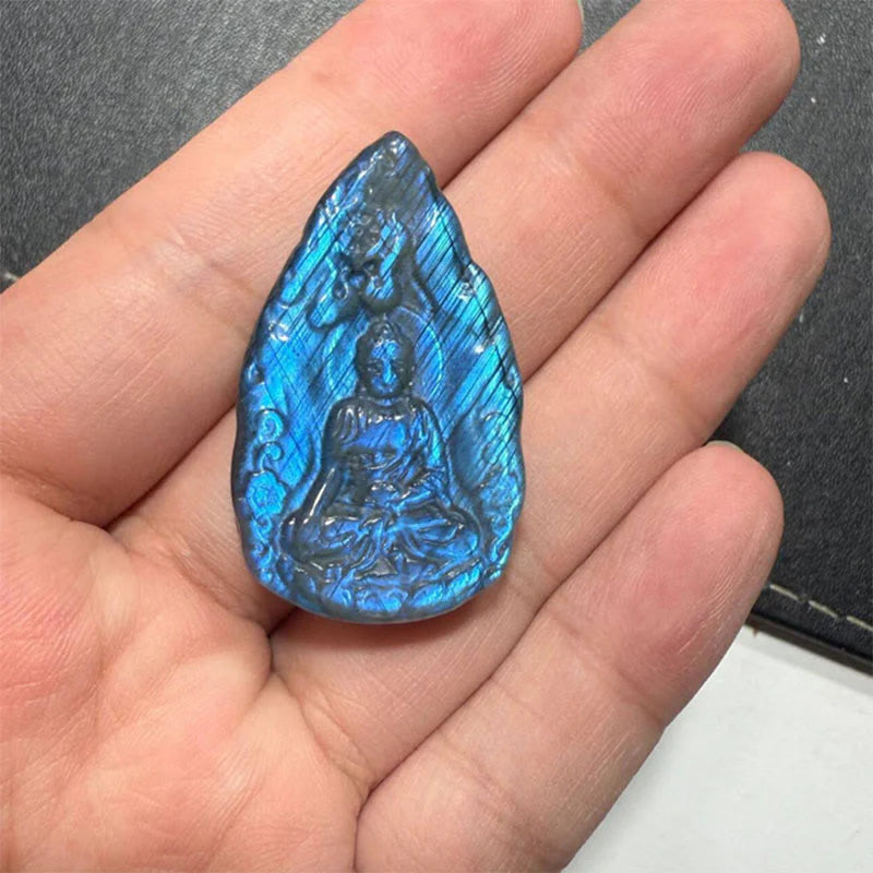 Buddha Stones Engraving Buddha Natural Labradorite Teardrop Shape Figurine Cure Statue Home Decoration
